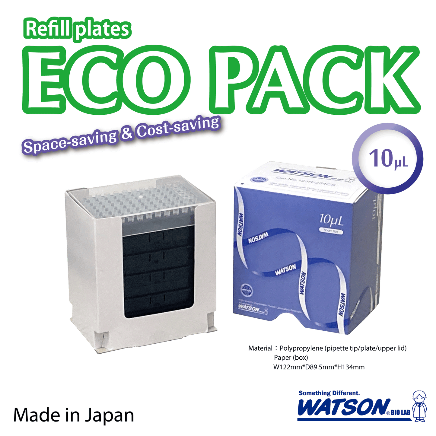 10 µL, Short Tip, Graduated, "ECO PACK" Refill Stack, Sterilized "123R-254CS" (96 tips x 5 plates)