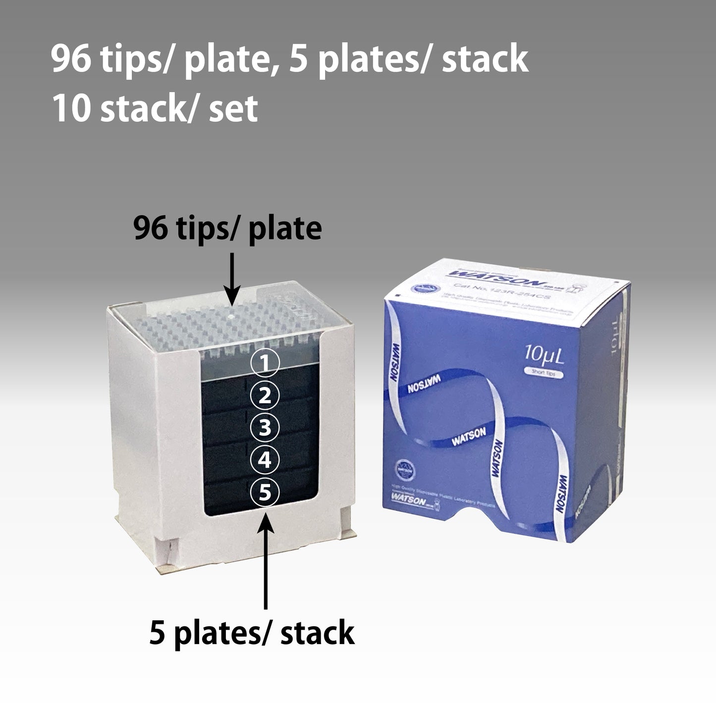 10 µL, Short Tip, Graduated, "ECO PACK" Refill Stack, Sterilized "123R-254CS" (96 tips x 5 plates)