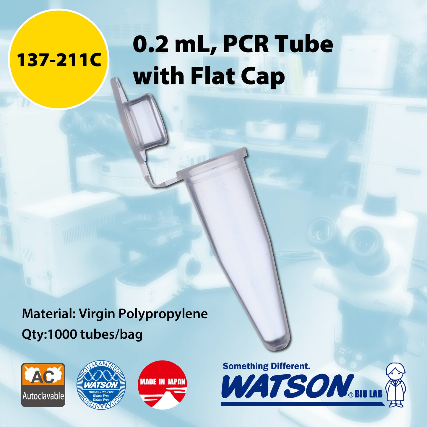 0.2 mL, PCR Tube with Flat Cap, Natural "137-211C" (1000 tubes)