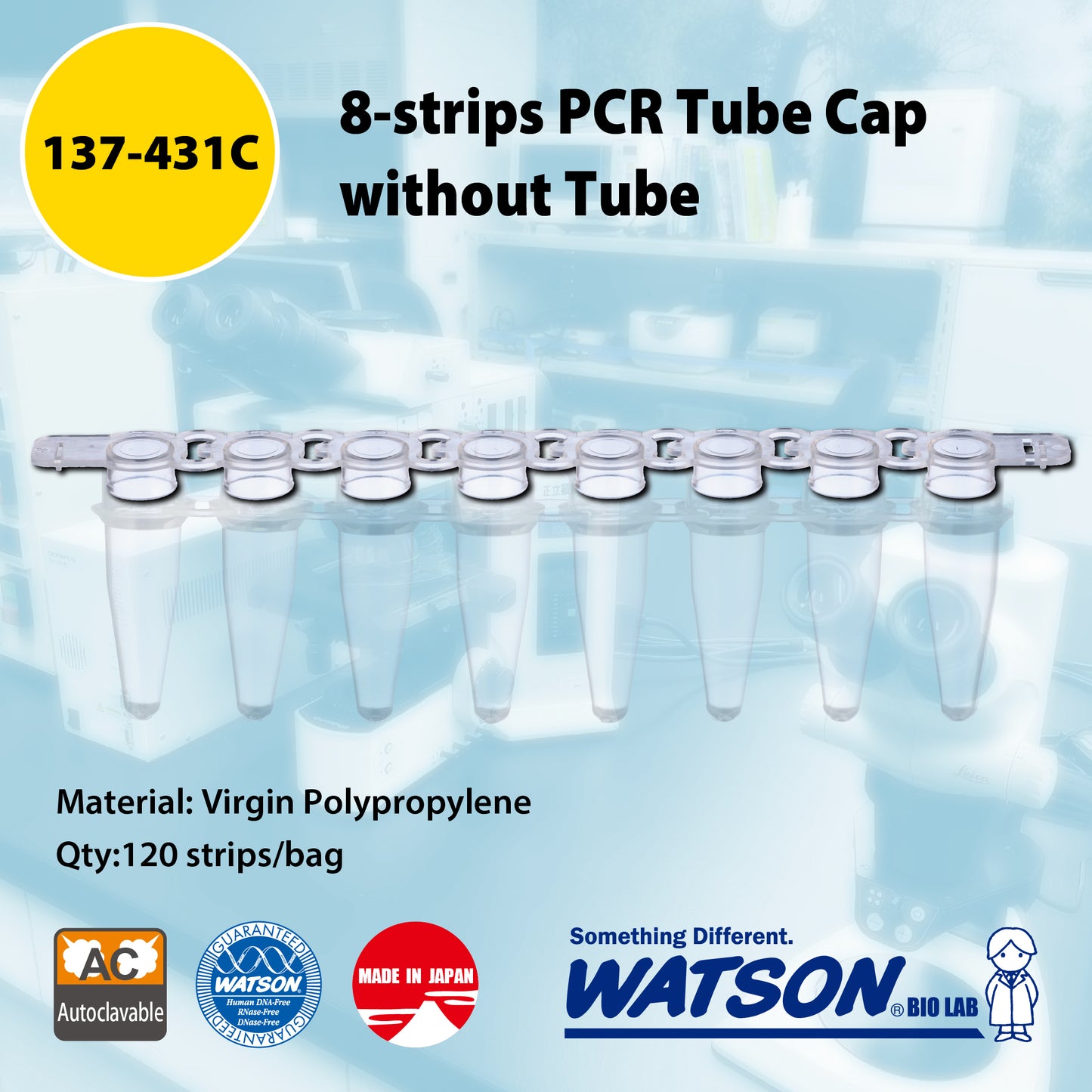 0.2 mL, 8-strip PCR Tube Cap with Flat Top, Natural "137-431C" (120 strips)