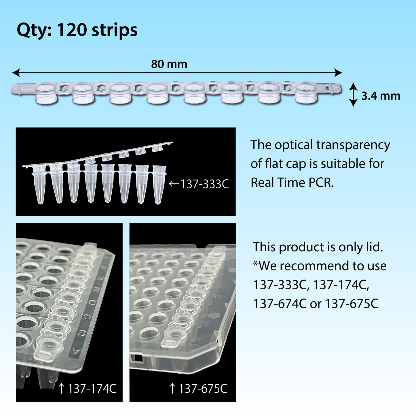 0.2 mL, 8-strip PCR Tube Cap with Flat Top, Natural "137-431C" (120 strips)