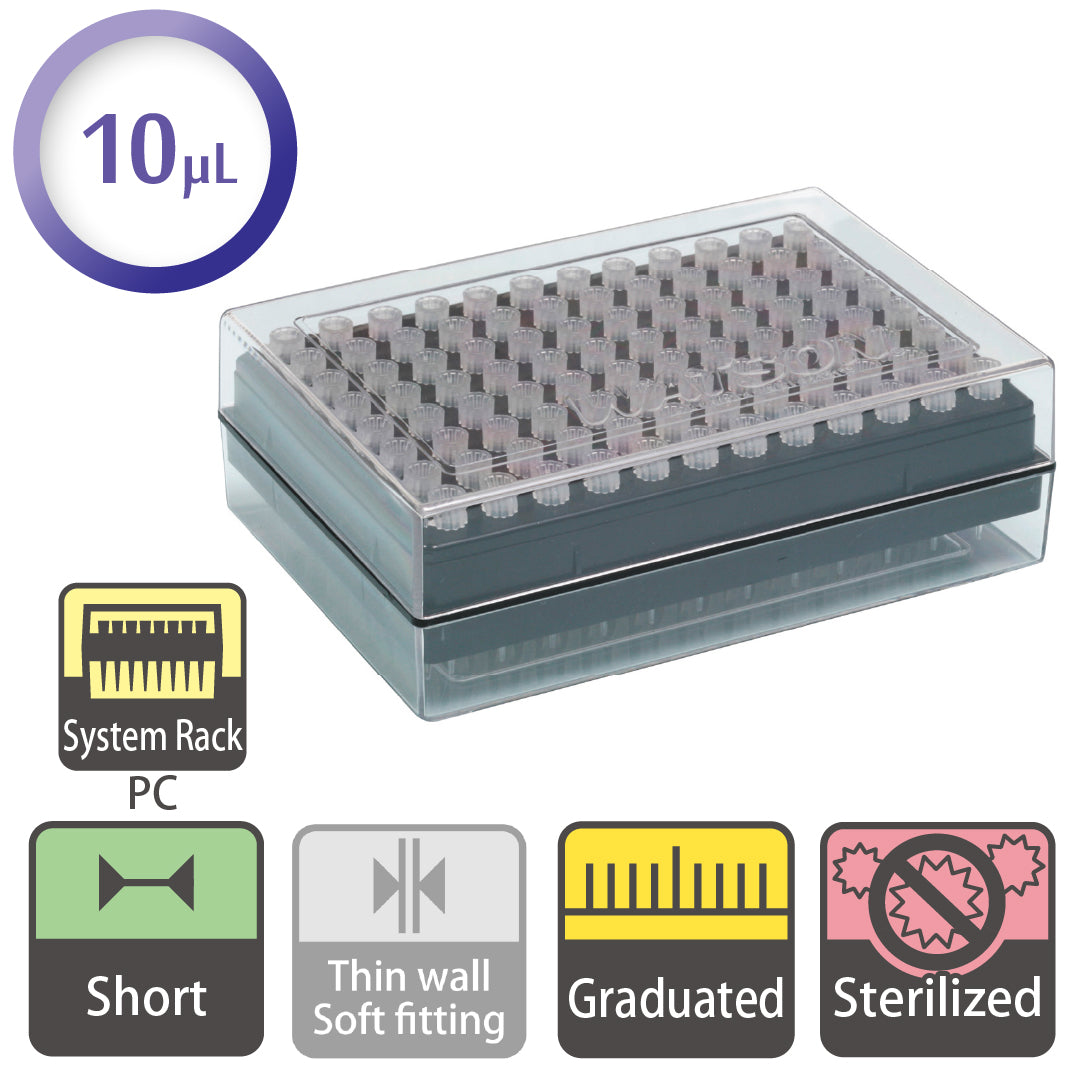 10 µL, Short Tip, Graduated, System Rack (PC), Sterilized "120-204CS" (96 tips x 10 racks)