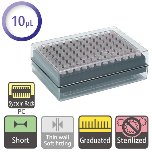 10 µL, Short Tip, Graduated, System Rack (PC), Sterilized "120-204CS" (96 tips x 10 racks)