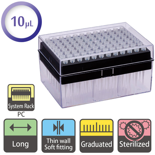 10 µL, Long Tip, Graduated, System Rack (PC), Sterilized "120-207CS" (96 tips x 10 racks)