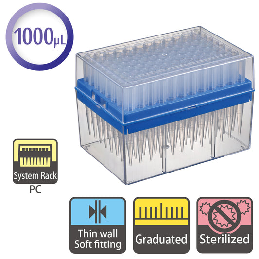 1000 µL, Standard Tip, Graduated, System Rack (PC), Sterilized "120-706CS" (96 tips x 10 racks)