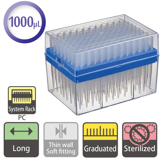 1000 µL, Long Tip, Graduated, System Rack (PC), Sterilized "120-804CS" (96 tips x 10 racks)