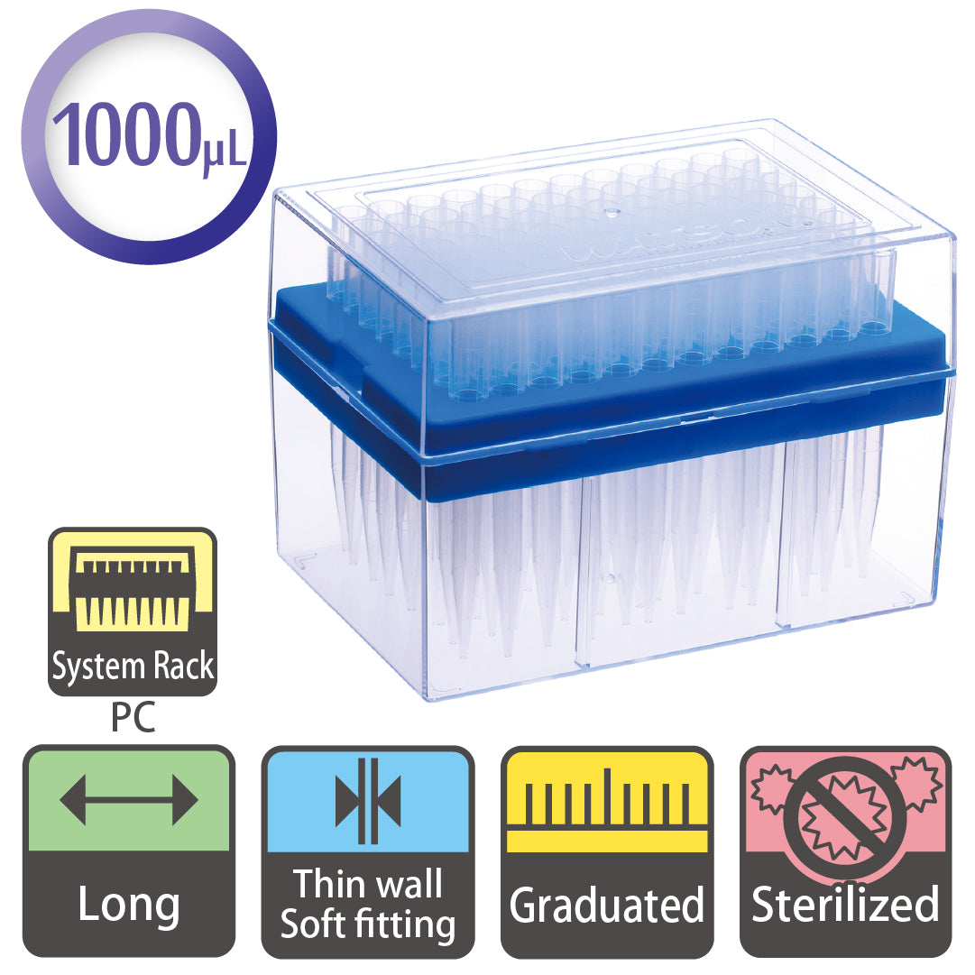 1000 µL, Long Tip, Graduated, 9mm Pitch, System Rack (PC), Sterilized "120-806CS" (96 tips x 10 racks)