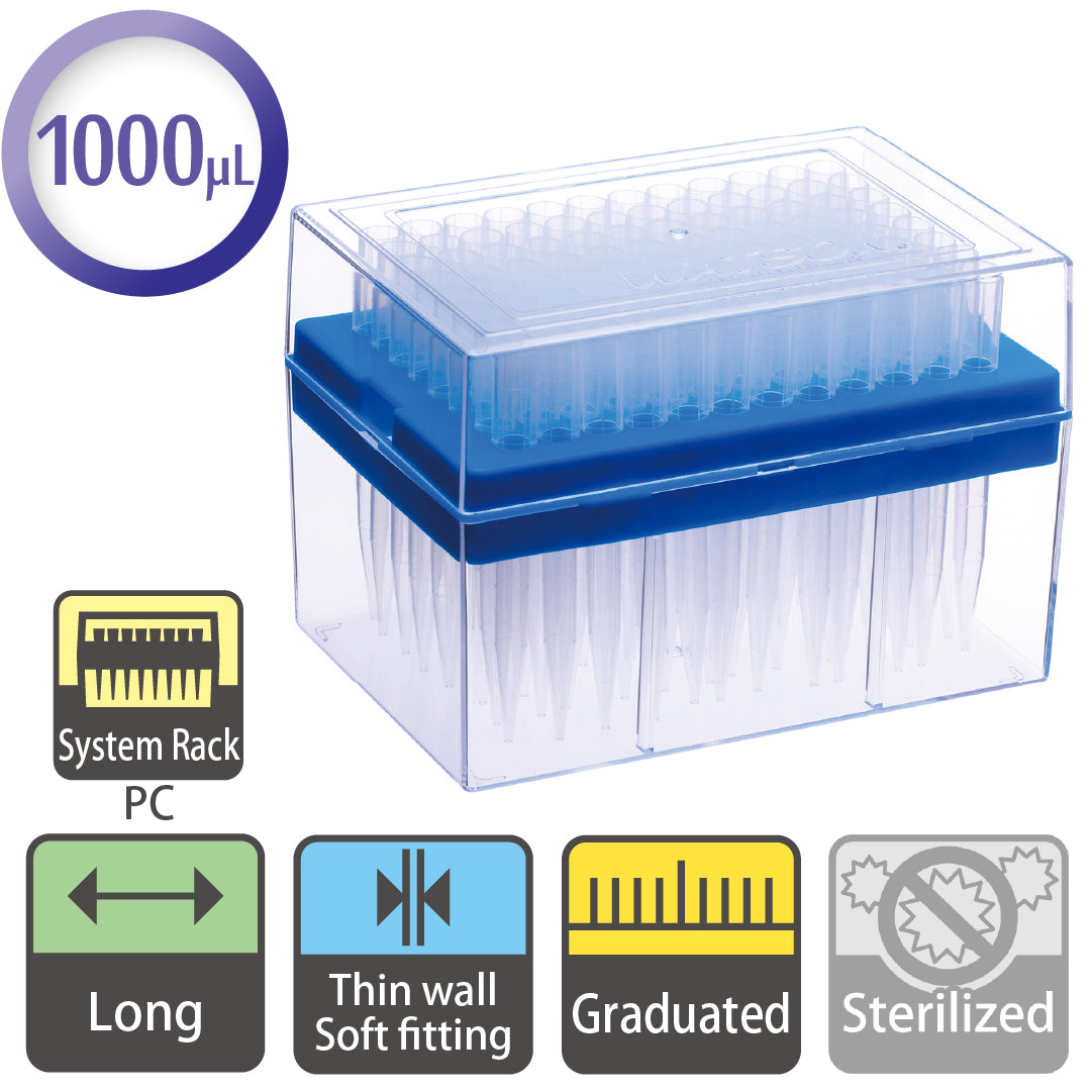 1000 µL, Long Tip, Graduated, 9mm Pitch, System Rack (PC) "120-806C" (96 tips x 10 racks)