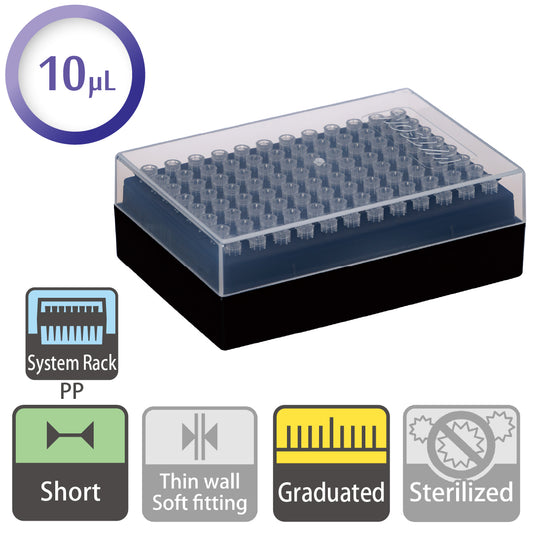 10 µL, Short Tip, Graduated, System Rack (PP) "120P-204C" (96 tips x 10 racks)