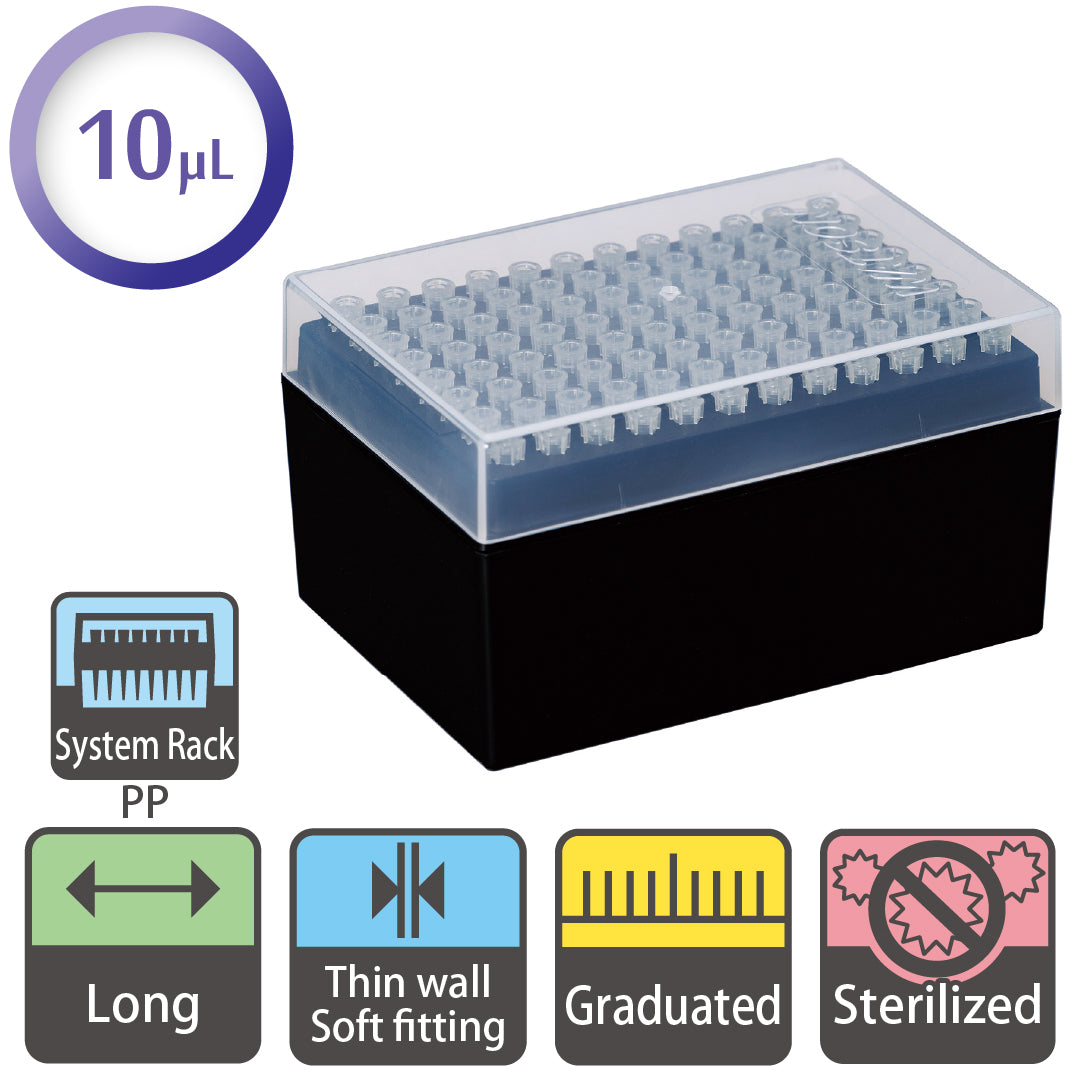 10 µL, Long Tip, Graduated, System Rack (PP), Sterilized "120P-207CS" (96 tips x 10 racks)