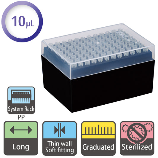 10 µL, Long Tip, Graduated, System Rack (PP), Sterilized "120P-207CS" (96 tips x 10 racks)