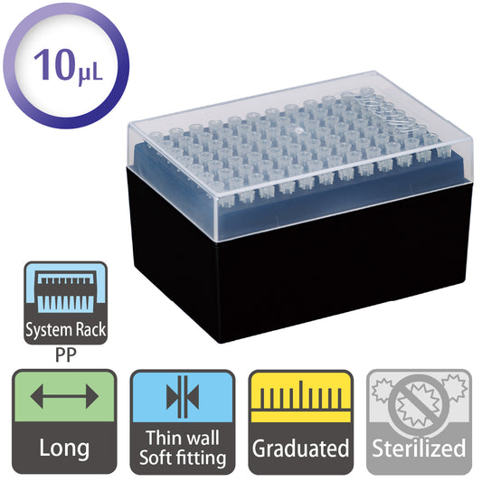 10 µL, Long Tip, Graduated, System Rack (PP) "120P-207C" (96 tips x 10 racks)
