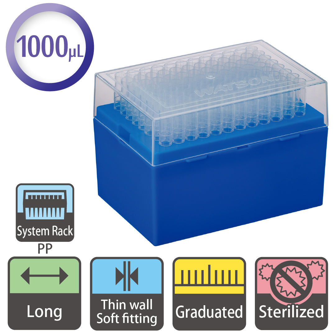 1000 µL, Long Tip, Graduated, 9mm Pitch, System Rack (PP), Sterilized "120P-806CS" (96 tips x 10 racks)