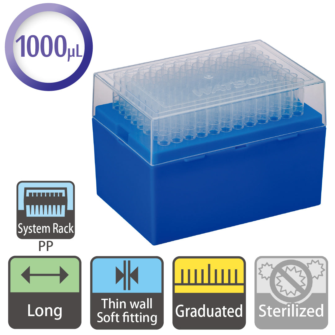 1000 µL, Long Tip, Graduated, 9mm Pitch, System Rack (PP) "120P-806C" (96 tips x 10 racks)