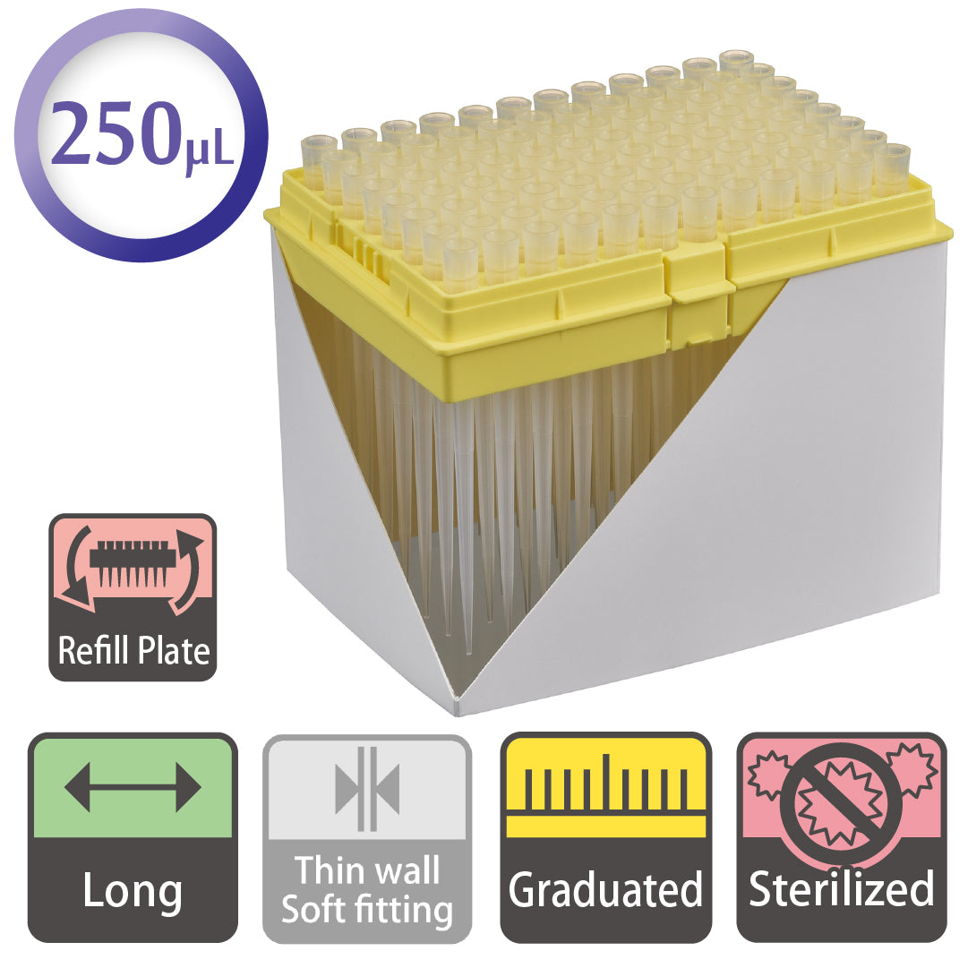 250 µL, Long Tip, Graduated, Refill Plate, Sterilized "122-801CS" (96 tips x 10 plates)