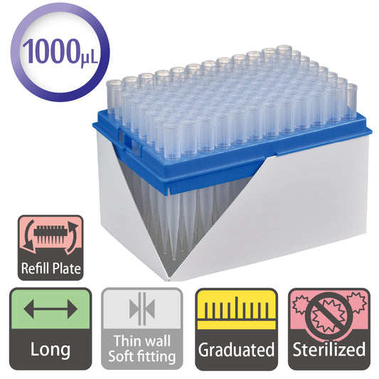 1000 µL, Long Tip, Graduated, Refill Plate, Sterilized "122-804CS" (96 tips x 10 plates)