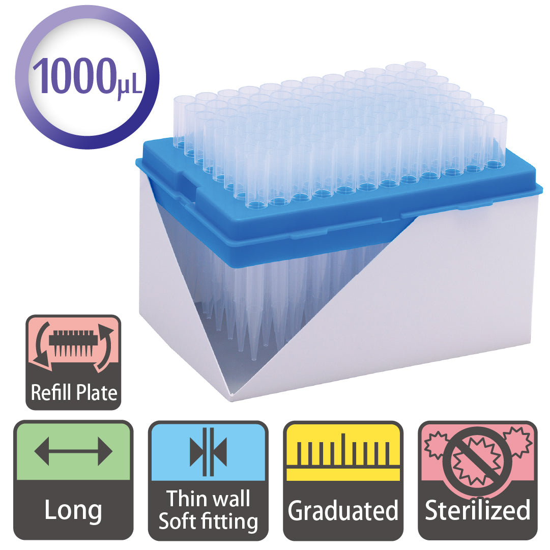 1000 µL, Long Tip, Graduated, 9mm Pitch, Refill Plate, Sterilized "122-806CS" (96 tips x 10 plates)