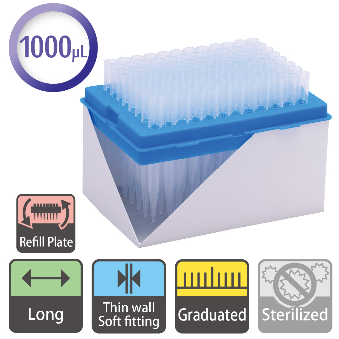 1000 µL, Long Tip, Graduated, 9mm Pitch, Refill Plate "122-806C" (96 tips x 10 plates)