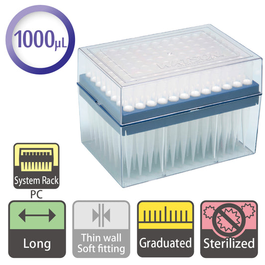 1000 µL, Long Filter Tip, Graduated, System Rack (PC), Sterilized "124-1000S" (96 tips x 10 racks)