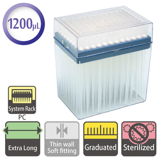 1200 µL, Extra Long Filter Tip, Graduated, System Rack (PC), Sterilized "124-1200S" (96 tips x 10 racks)