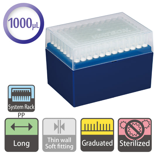 1000 µL, Long Filter Tip, Graduated, System Rack (PP), Sterilized "124P-1000S" (96 tips x 10 racks)