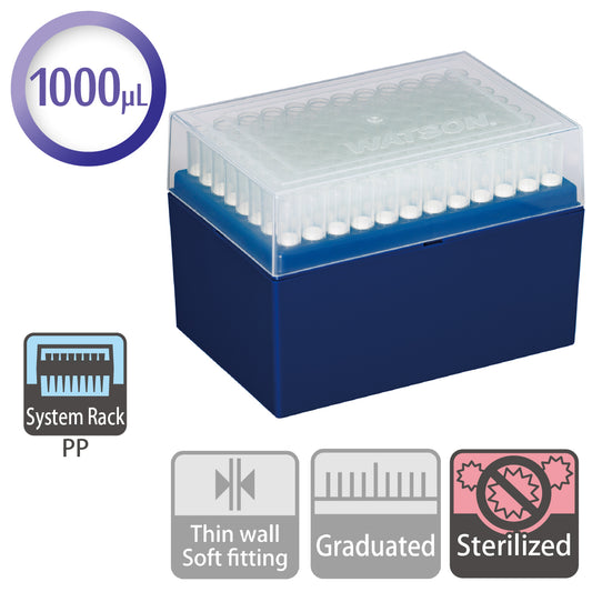 1000 µL, Large-bore Filter Tip, System Rack (PP), Sterilized "124P-844CS" (96 tips x 10 racks)
