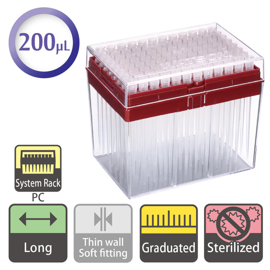 200 µL, Long Hyper Filter Tip, Graduated, System Rack (PC), Sterilized "125-200XS" (96 tips x 10 racks)