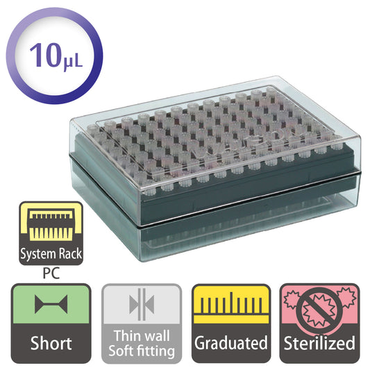 10 µL, Short Filter Tip, Graduated, System Rack (PC), Sterilized "1251-204CS" (96 tips x 10 racks)