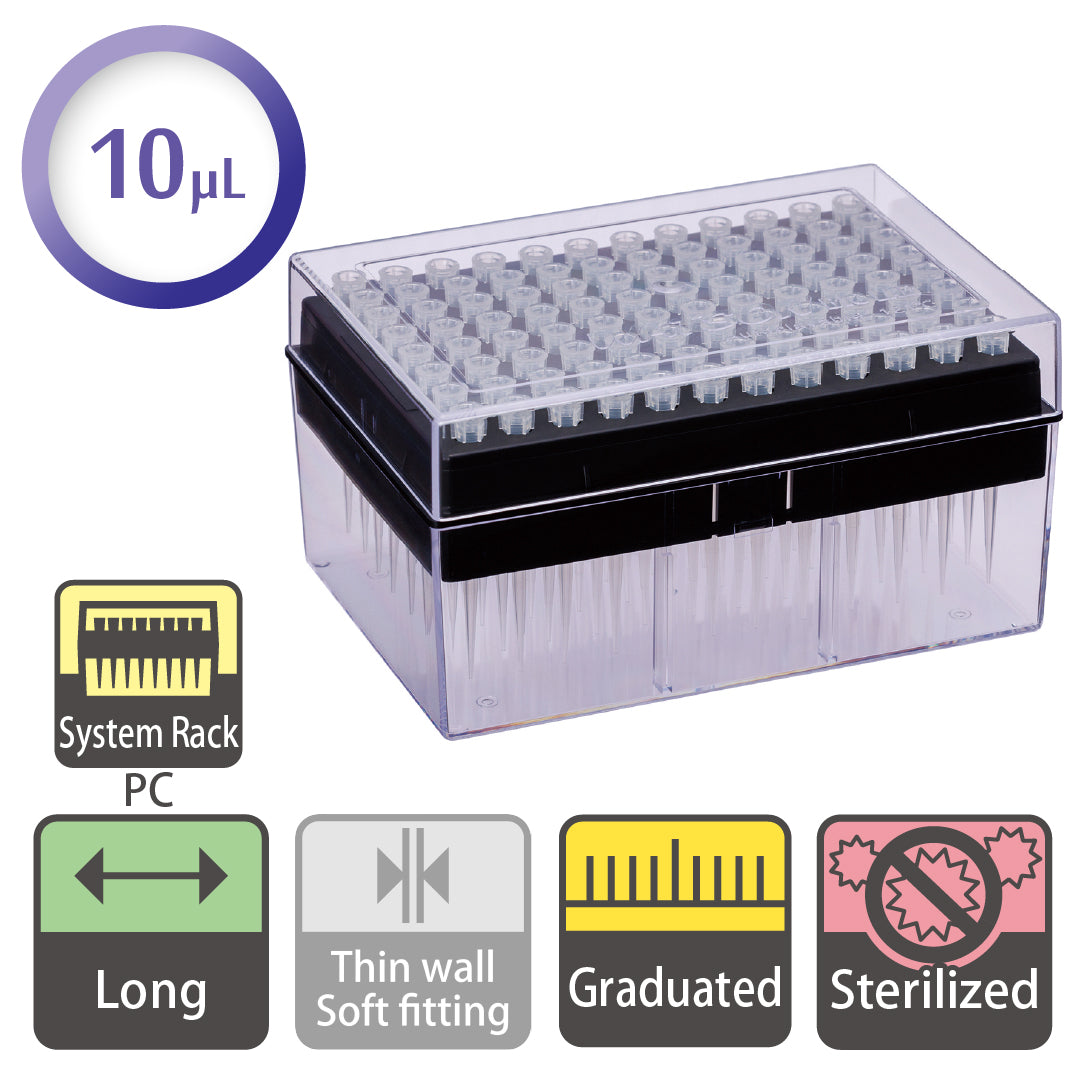 10 µL, Long Filter Tip, Graduated, System Rack (PC), Sterilized "1252-207CS" (96 tips x 10 racks)