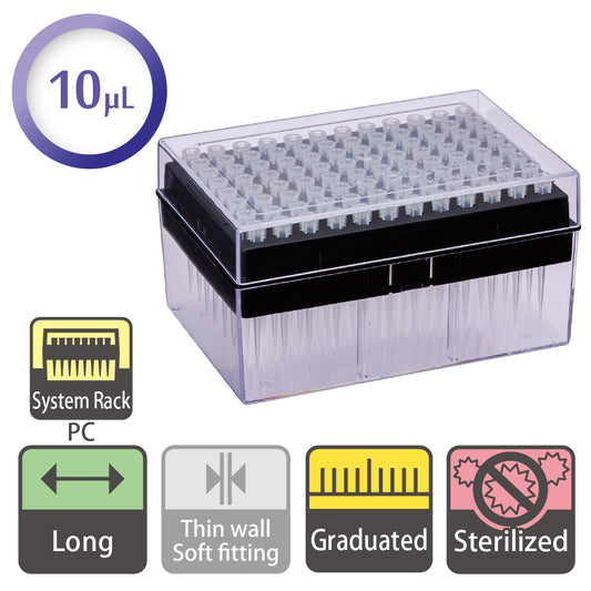 10 µL, Long Filter Tip, Graduated, System Rack (PC), Sterilized "1252-207CS" (96 tips x 10 racks)