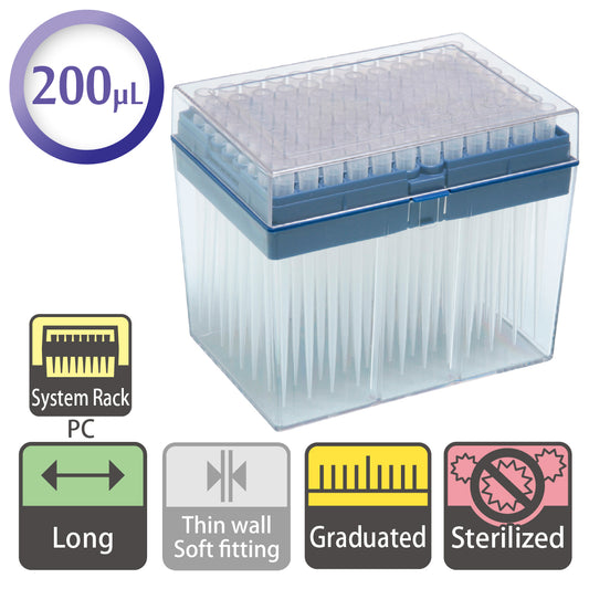 200 µL, Long Filter Tip, Graduated, System Rack (PC), Sterilized "1252-801CS" (96 tips x 10 racks)