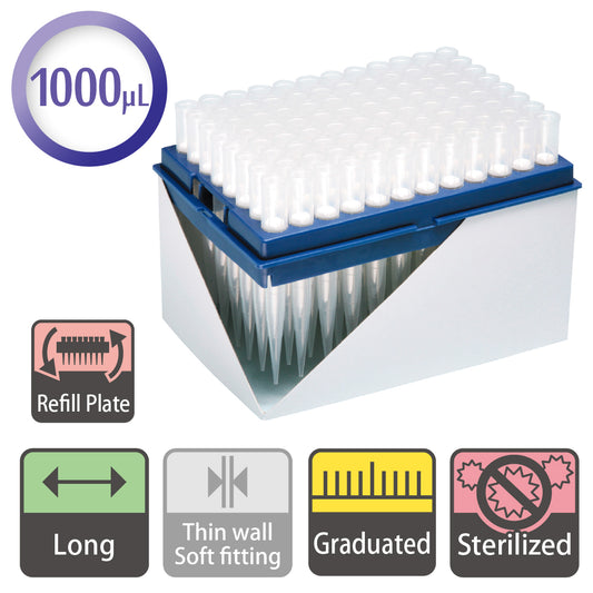 1000 µL, Long Filter Tip, Graduated, Refill Plate, Sterilized "126-1000S" (96 tips x 10 plates)