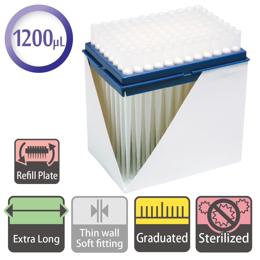 1200 µL, Extra Long Filter Tip, Graduated, Refill Plate, Sterilized "126-1200S" (96 tips x 10 plates)