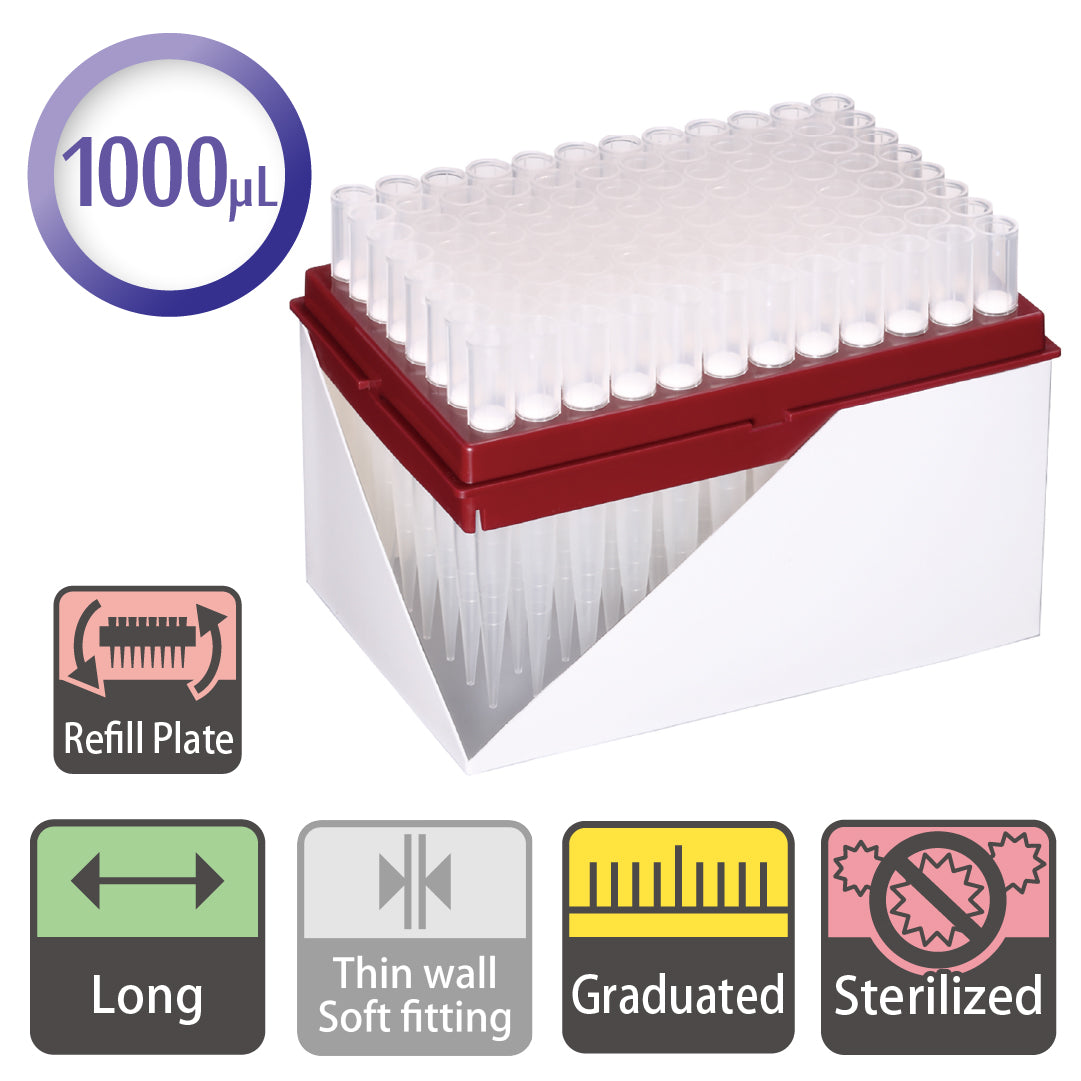 1000 µL, Long Hyper Filter Tip, Graduated, Refill Plate, Sterilized "127-1000S" (96 tips x 10 plates)