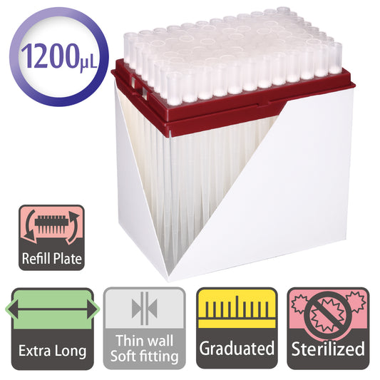 1200 µL, Extra Long Hyper Filter Tip, Graduated, Refill Plate, Sterilized "127-1200S" (96 tips x 10 plates)