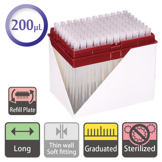 200 µL, Long Hyper Filter Tip, Graduated, Refill Plate, Sterilized "127-200XS" (96 tips x 10 plates)