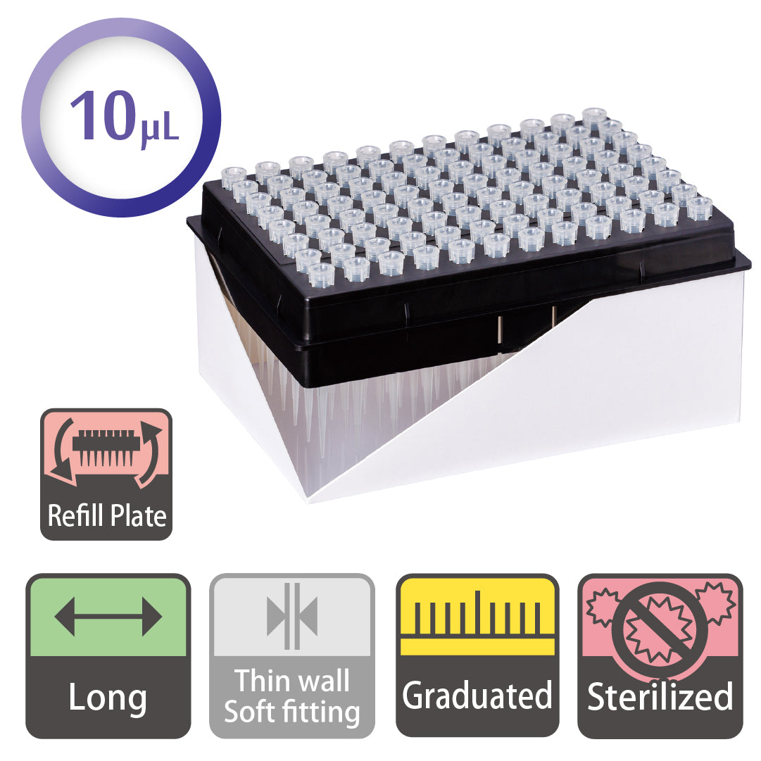 10 µL, Long Filter Tip, Graduated, Refill Plate, Sterilized "1272-207CS" (96 tips x 10 racks)