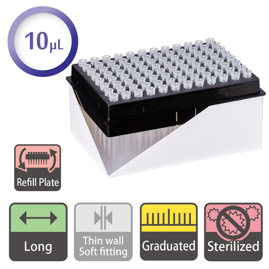 10 µL, Long Filter Tip, Graduated, Refill Plate, Sterilized "1272-207CS" (96 tips x 10 racks)