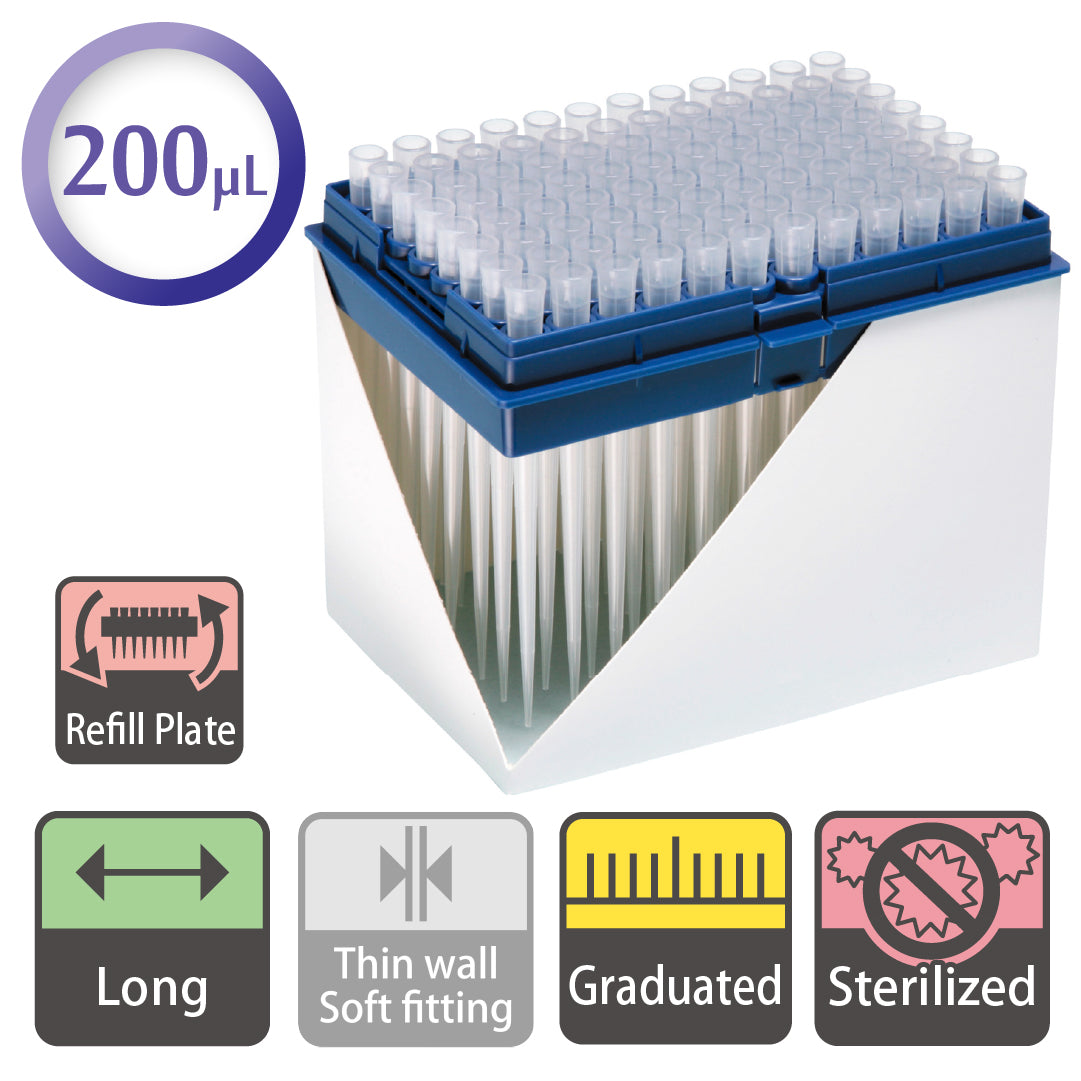 200 µL, Long Filter Tip, Graduated, Refill Plate, Sterilized "1272-801CS" (96 tips x 10 plates)