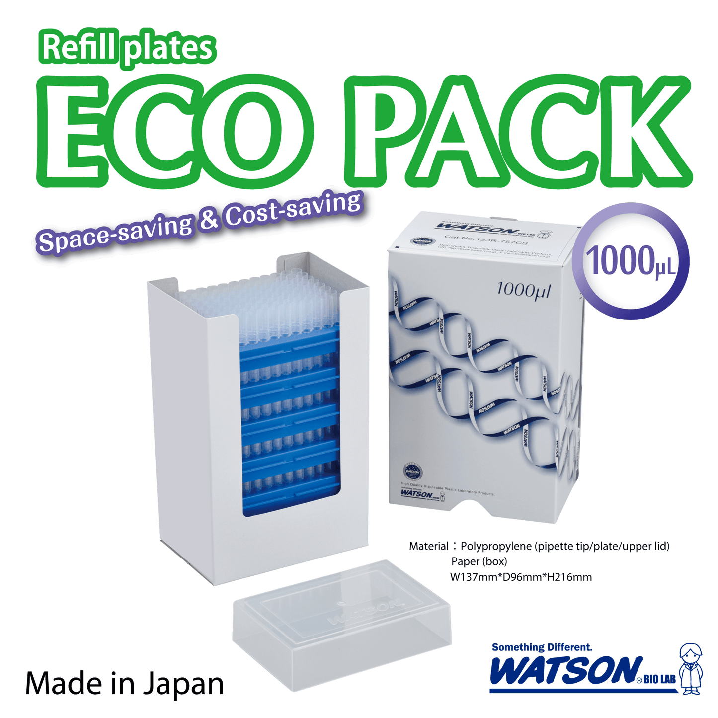 1000 µL, Long Tip, Graduated, "ECO PACK" Refill Stack, Sterilized "123R-757CS" - (96 tips x 5 plates)
