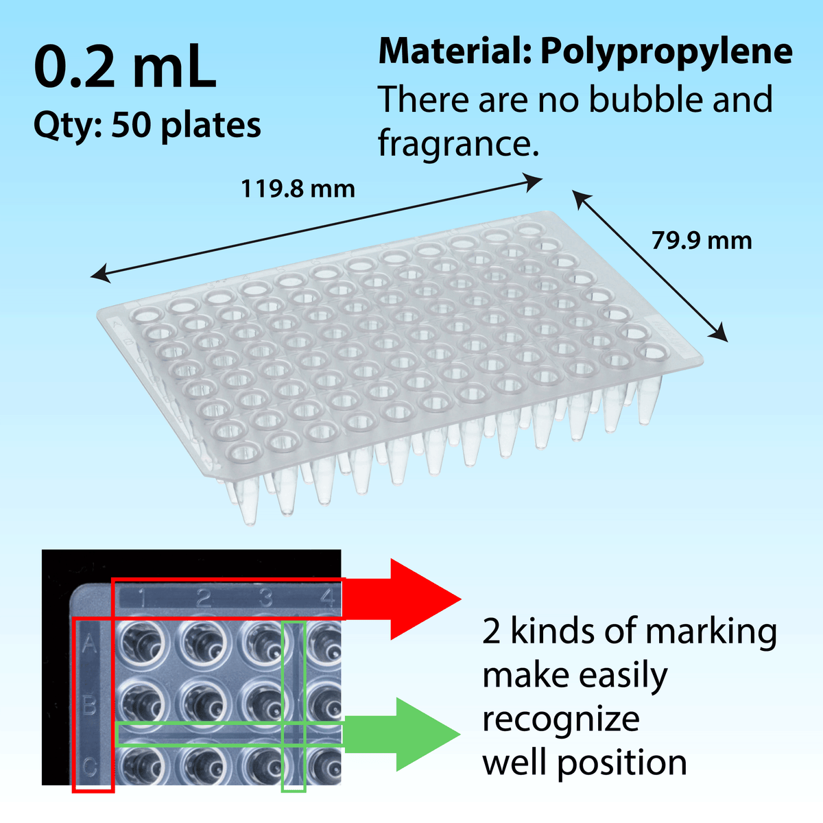 0.2 mL, 96 well PCR Plate, Non Skirted, Natural "137-174C" (5 plates x 10 packs)