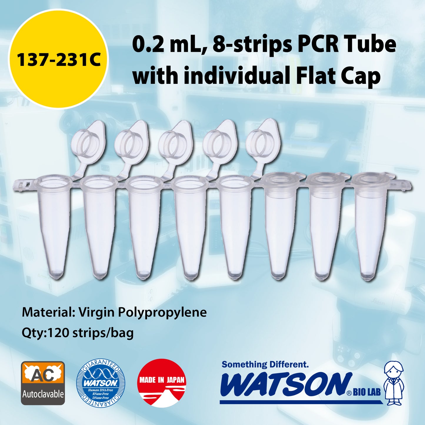 0.2 mL, 8-strip PCR Tube with attached individual Flat Cap, Natural "137-231C" (120 strips)