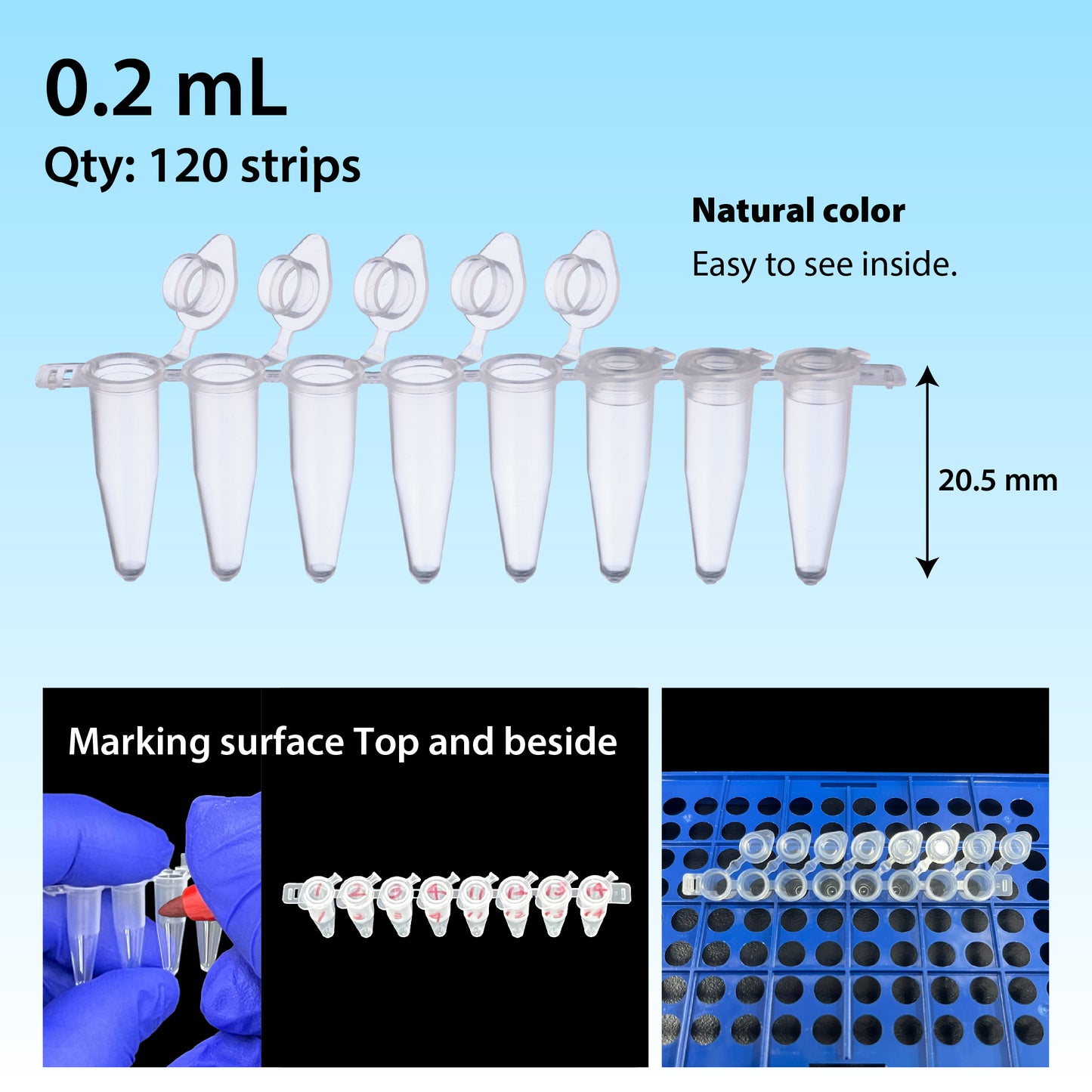 0.2 mL, 8-strip PCR Tube with attached individual Flat Cap, Natural "137-231C" (120 strips)