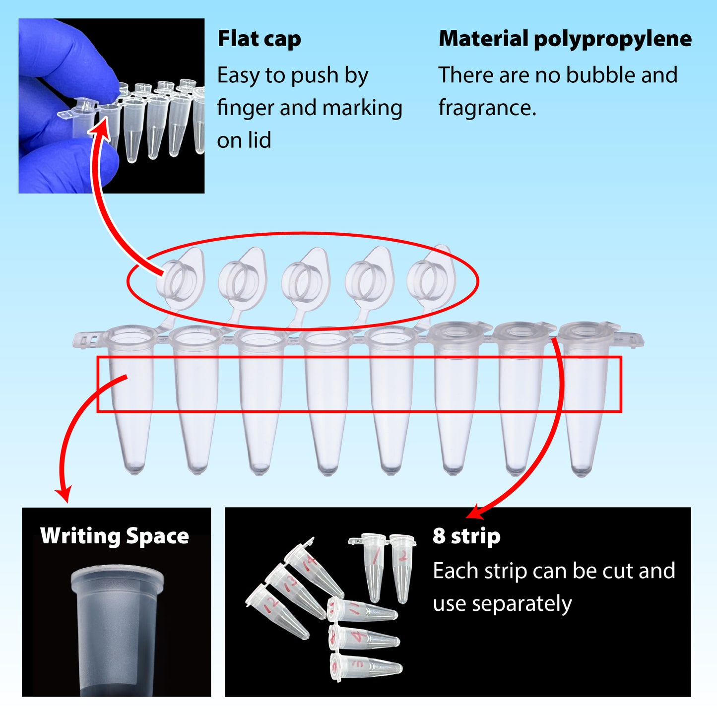0.2 mL, 8-strip PCR Tube with attached individual Flat Cap, Natural "137-231C" (120 strips)